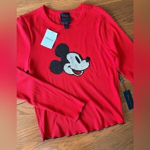 Forever 21 Women’s Red Disney Mickey Mouse Sequin Long Sleeve Tee